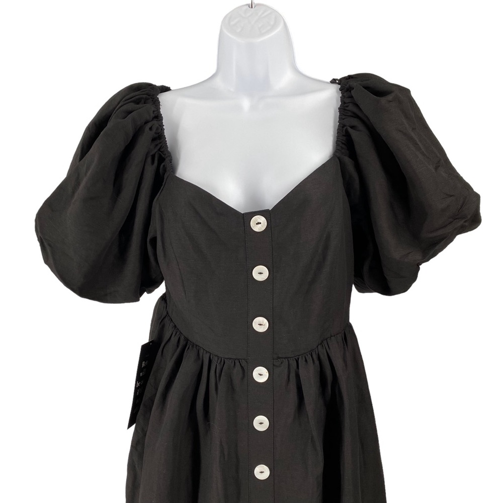 Pomander Place NEW Alexis Puff Sleeve Black Linen Pockets Midi Dress Size L - Picture 5 of 11